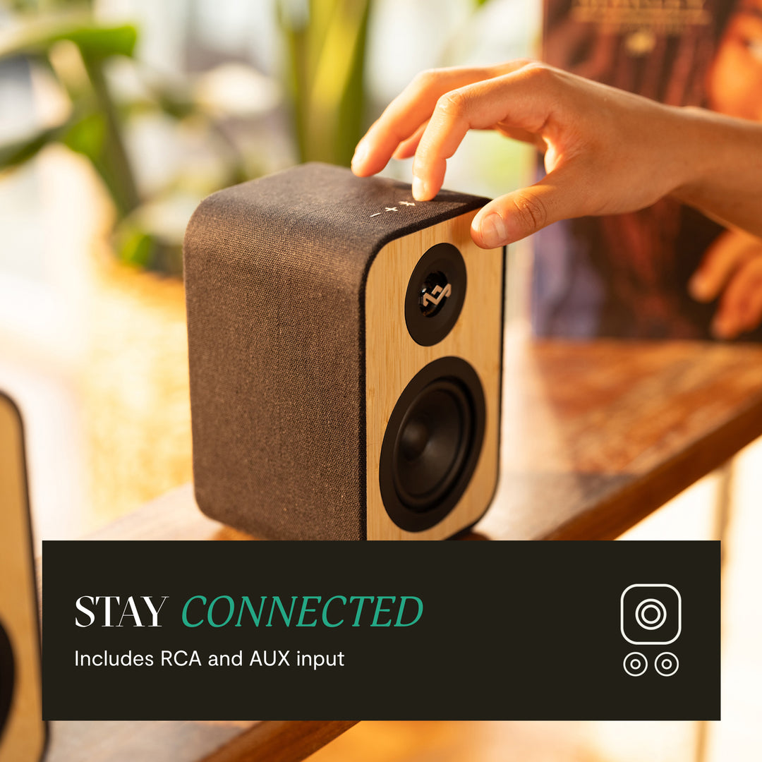 Signature Black 6 image shows Uplift Bookshelf Speakers includes AUX and RCA connectivity